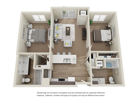 Floor plan for 2 beds, 2 baths, 1072 sqft